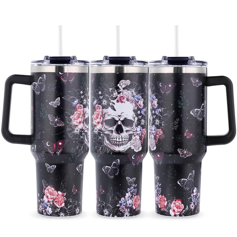 TIKMODERN skull tumbler 40oz with handle keeps beverages ready on the go.