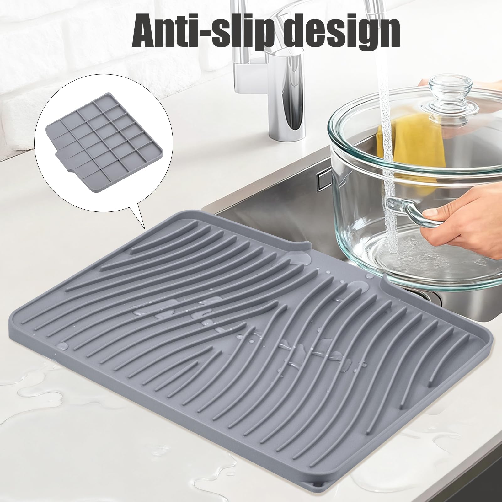 TIKNIK silicone drying mat with water draining rim over sink for moisture control