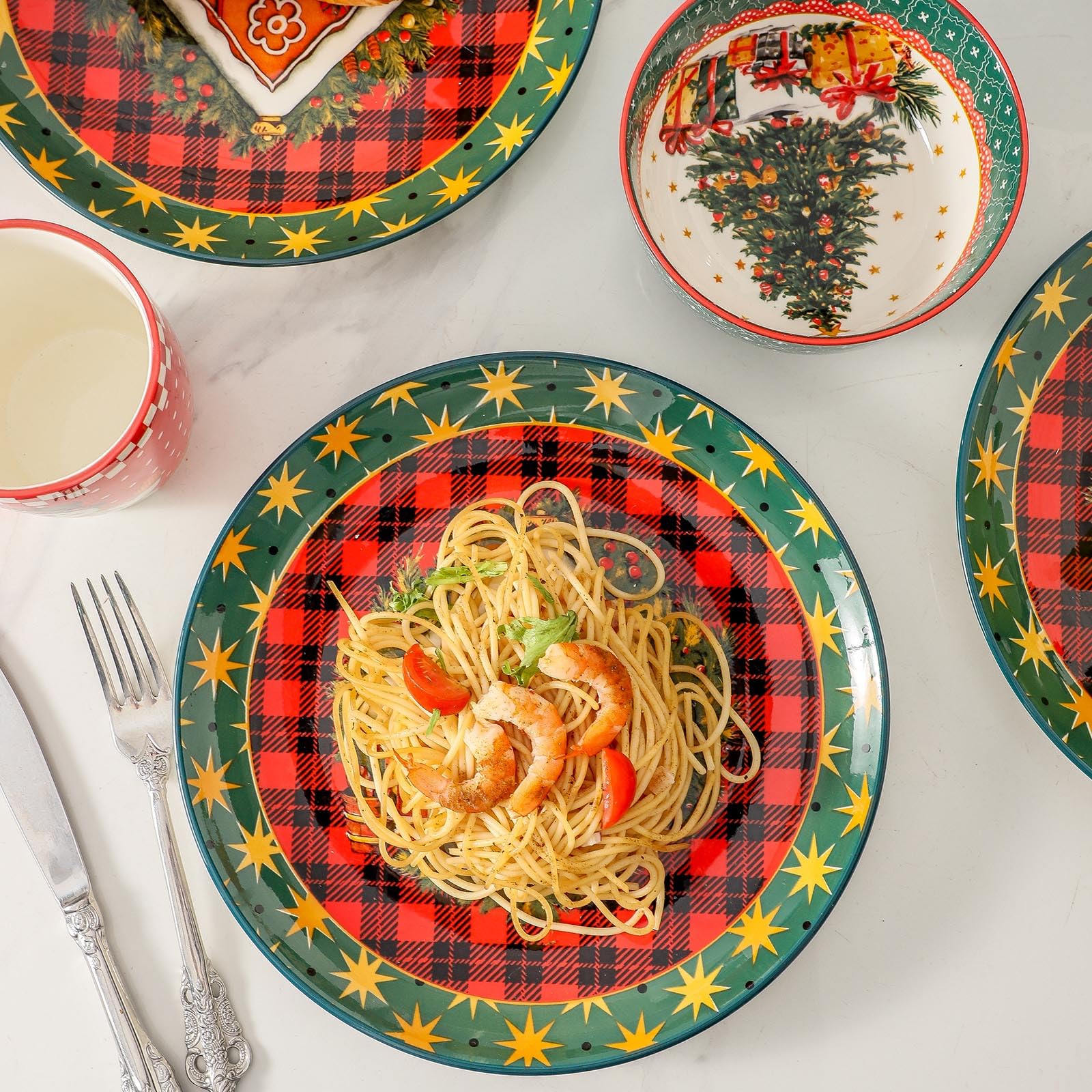 Tikooere dinner plates stacked for a ready-to-serve holiday table setting.