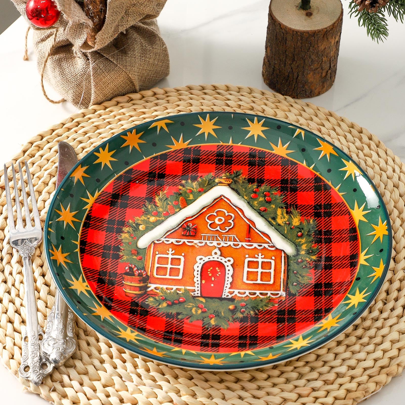 Tikooere ceramic plates with red plaid border to elevate holiday table styling.