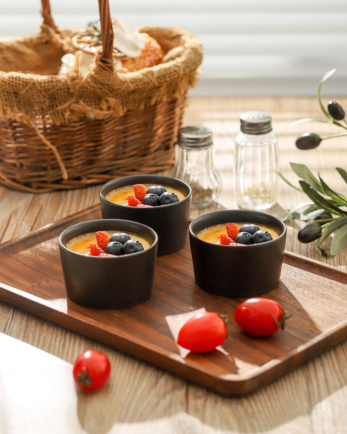 Tikooere oven-safe matte black ramekins withstand high heat for baking and serving.