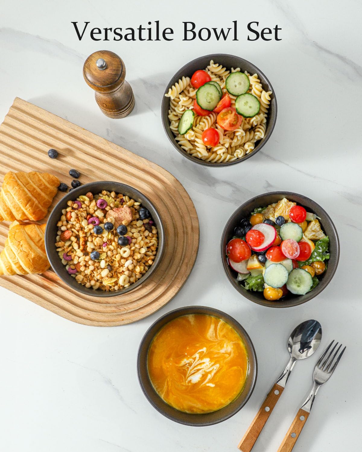 Tikooere stoneware bowls in matte black finish, durable daily use.