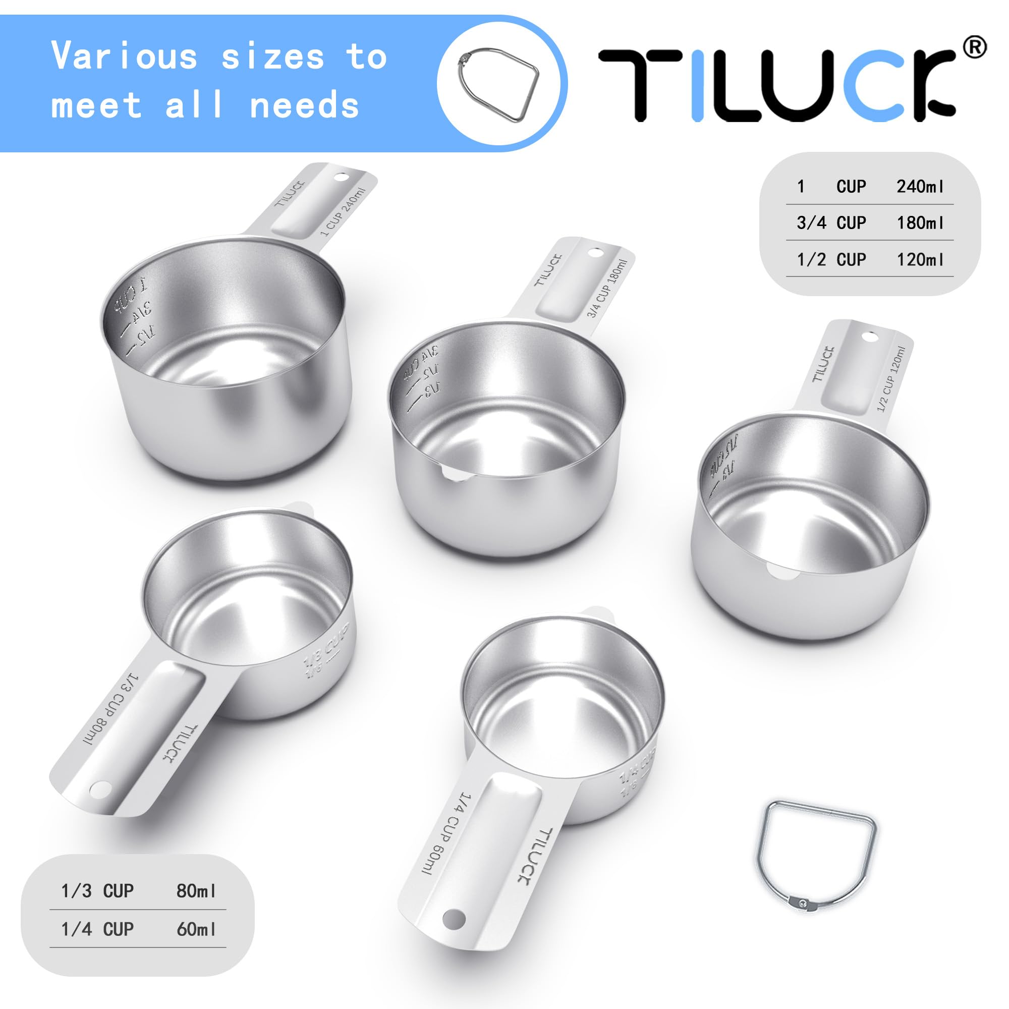 TILUCK measuring cups highlight durable stainless steel construction for long-lasting kitchen use.