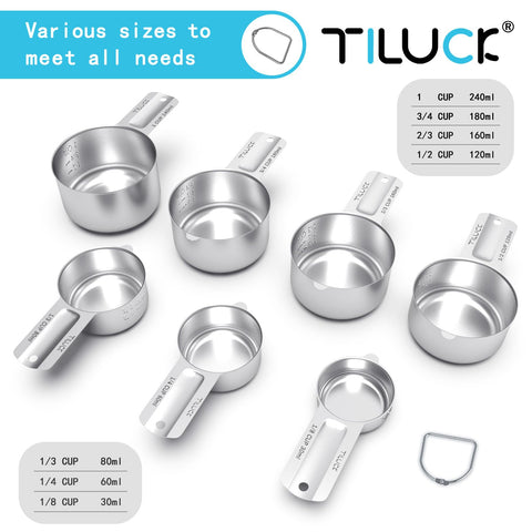 TILUCK measuring cups close-up shows engraved size marks for easy accuracy.