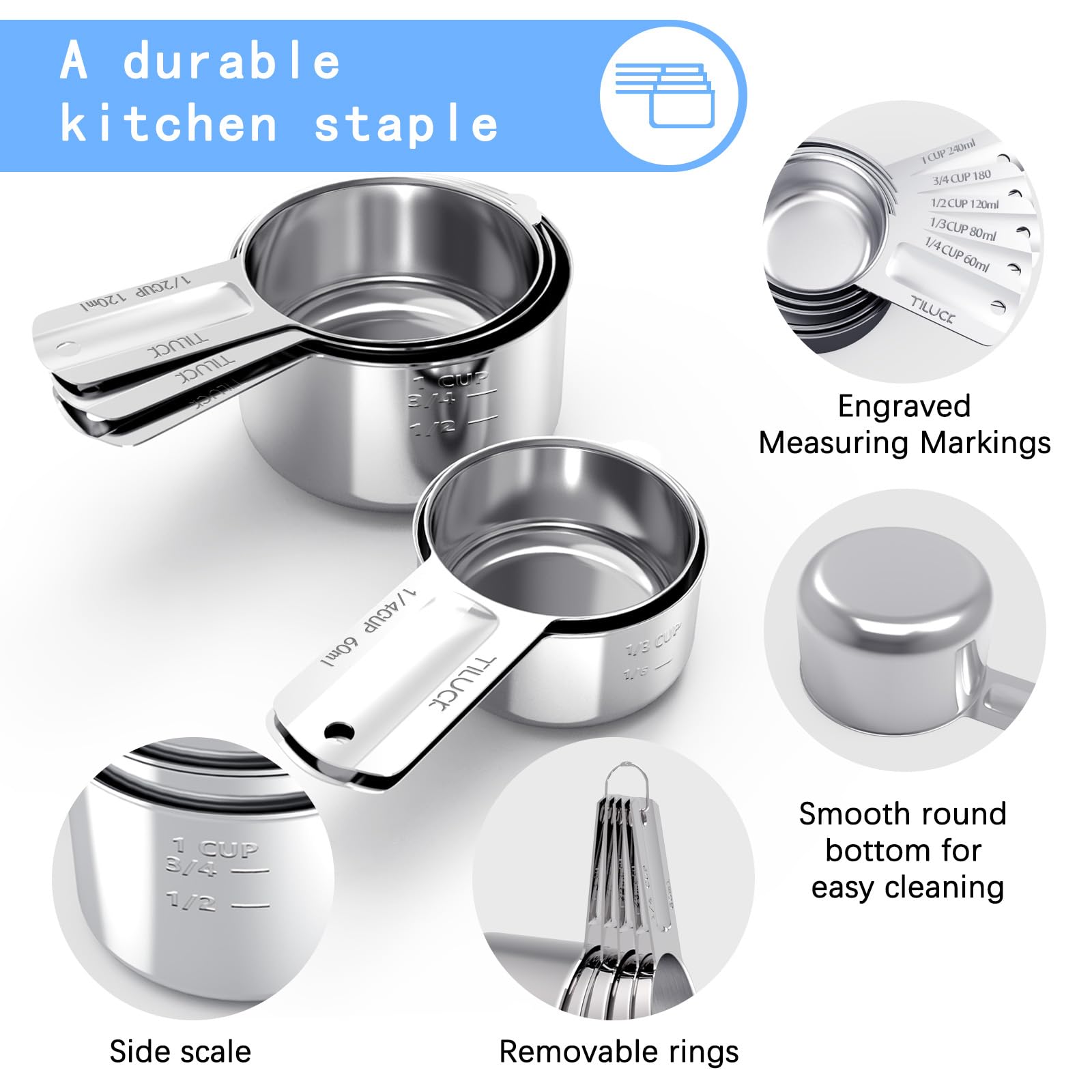 TILUCK cups feature engraved size marks for quick, accurate measuring without guessing.