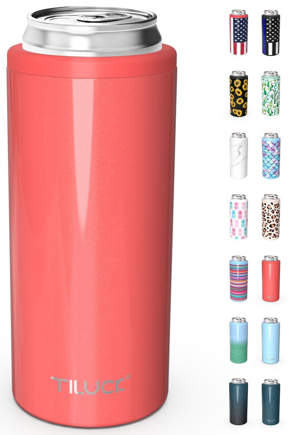 TILUCK Glitter Coral Skinny Can Cooler around a 12 oz slim can showing ice-cold appeal
