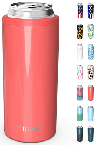 TILUCK Glitter Coral Skinny Can Cooler around a 12 oz slim can showing ice-cold appeal