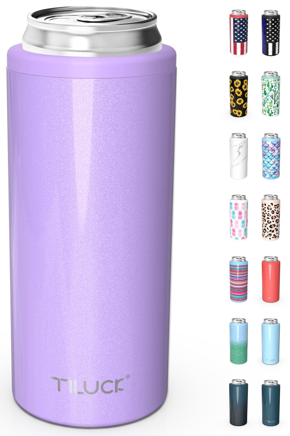 TILUCK Lavender skinny can cooler, front view, keeps slim 12 oz cans cold.