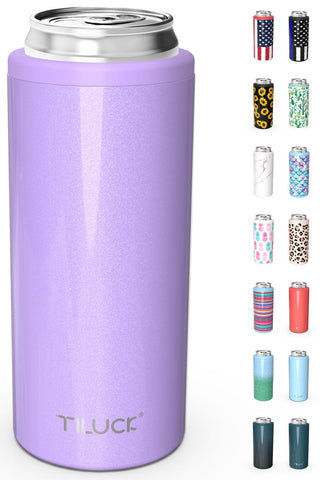 TILUCK Lavender skinny can cooler, front view, keeps slim 12 oz cans cold.