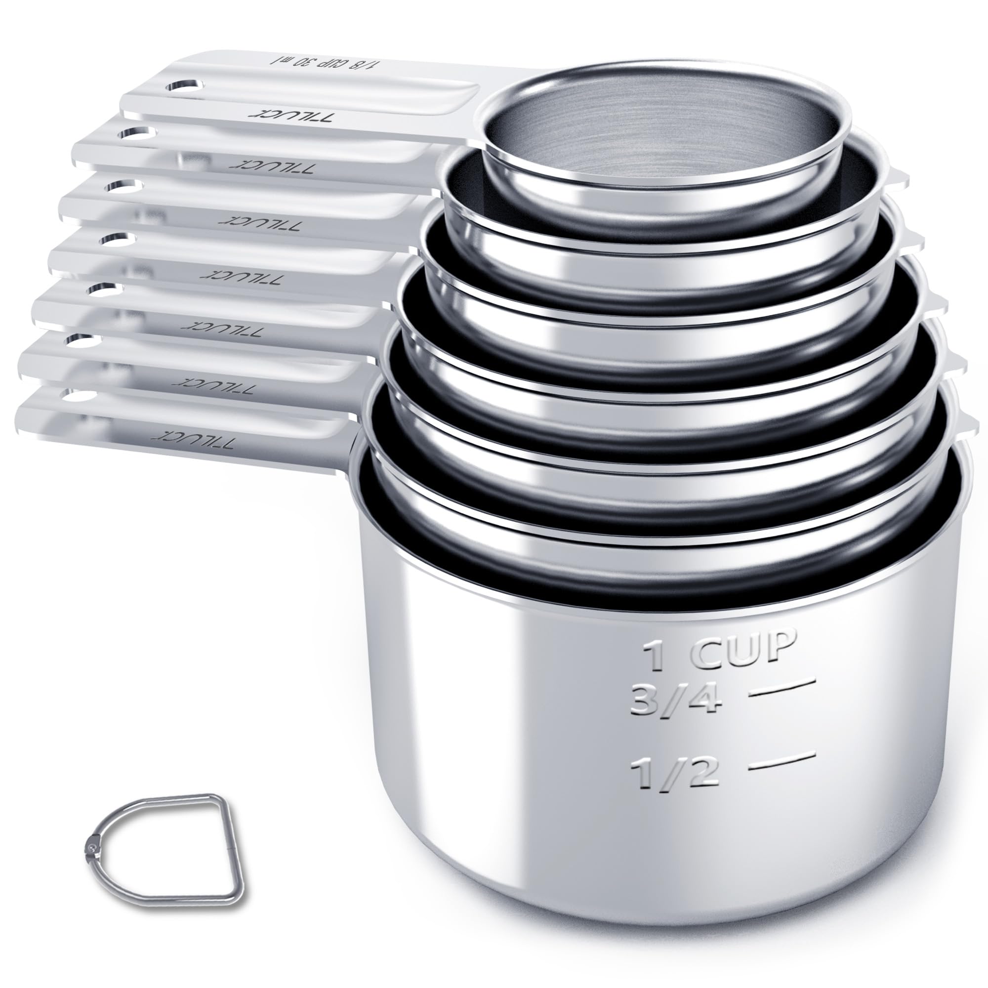 TILUCK 7-piece stainless steel measuring cups set with precise markings on display.