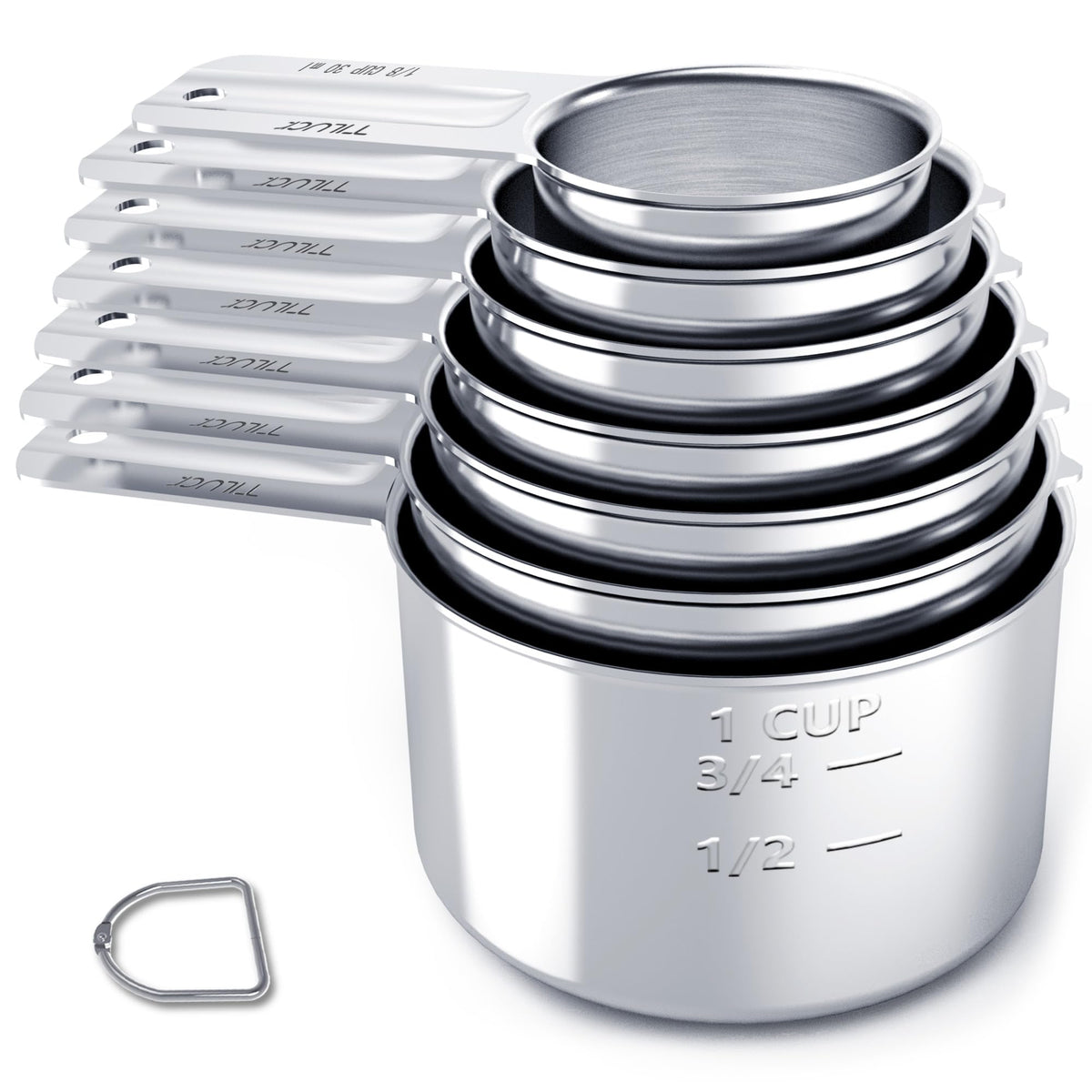 TILUCK 7-piece stainless steel measuring cups set with precise markings on display.
