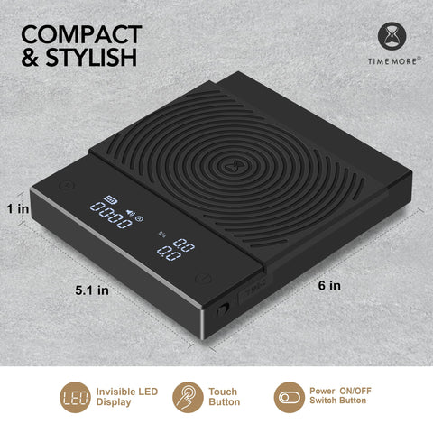 TIMEMORE Black Mirror Basic 2 measuring range 0.1–2000 g enables precise dosing.