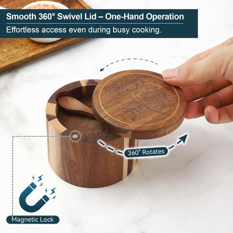 360 swivel lid offers one-handed access to seasonings
