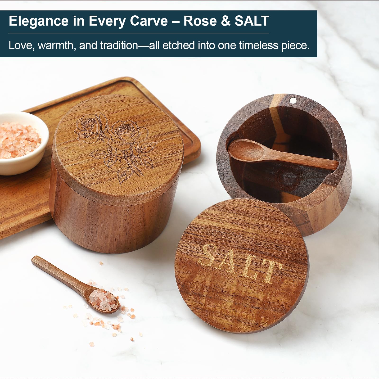 Timtopno acacia wood salt box shows built-in spoon for tidy cooking prep.