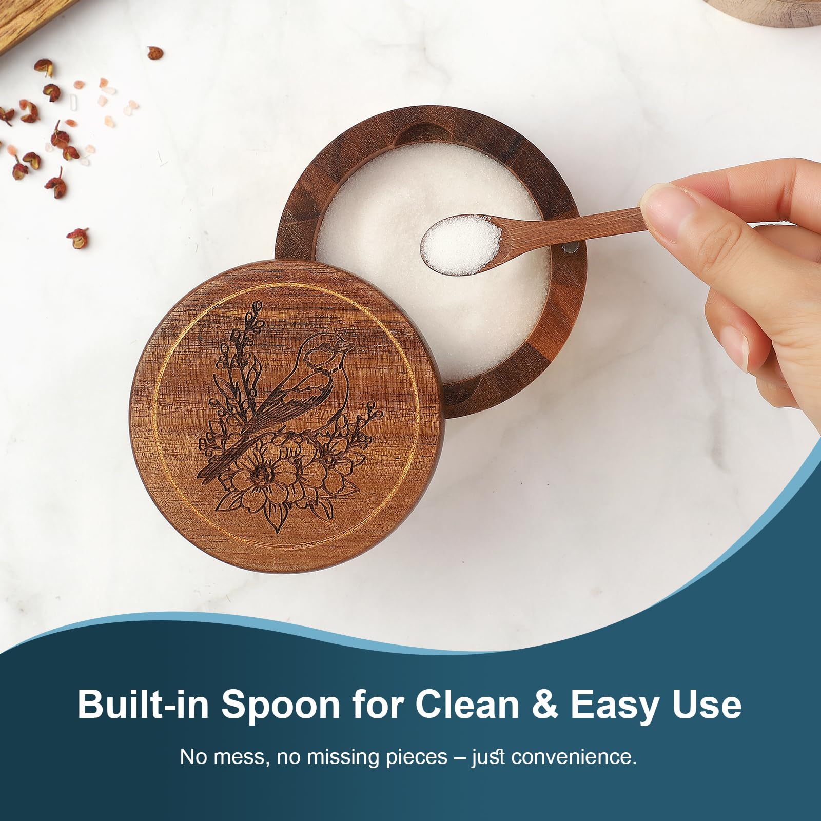 Built-in spoon slot keeps tools tidy and ready