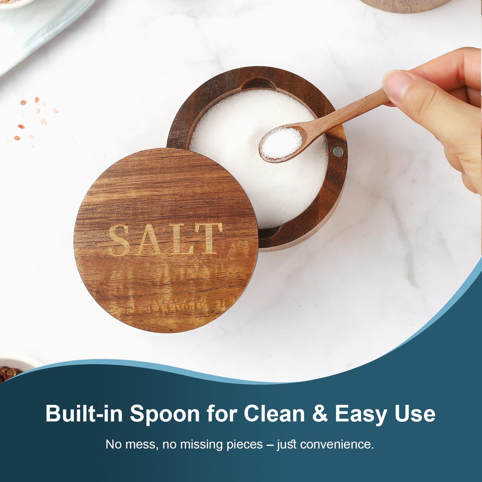 Timtopno salt container with 360 degree swivel lid for quick seasoning access.