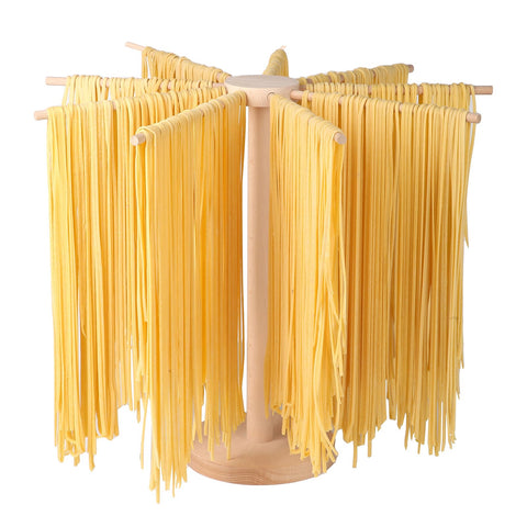 Tinada pasta drying rack with long arms, evenly spacing spaghetti to prevent sticking.
