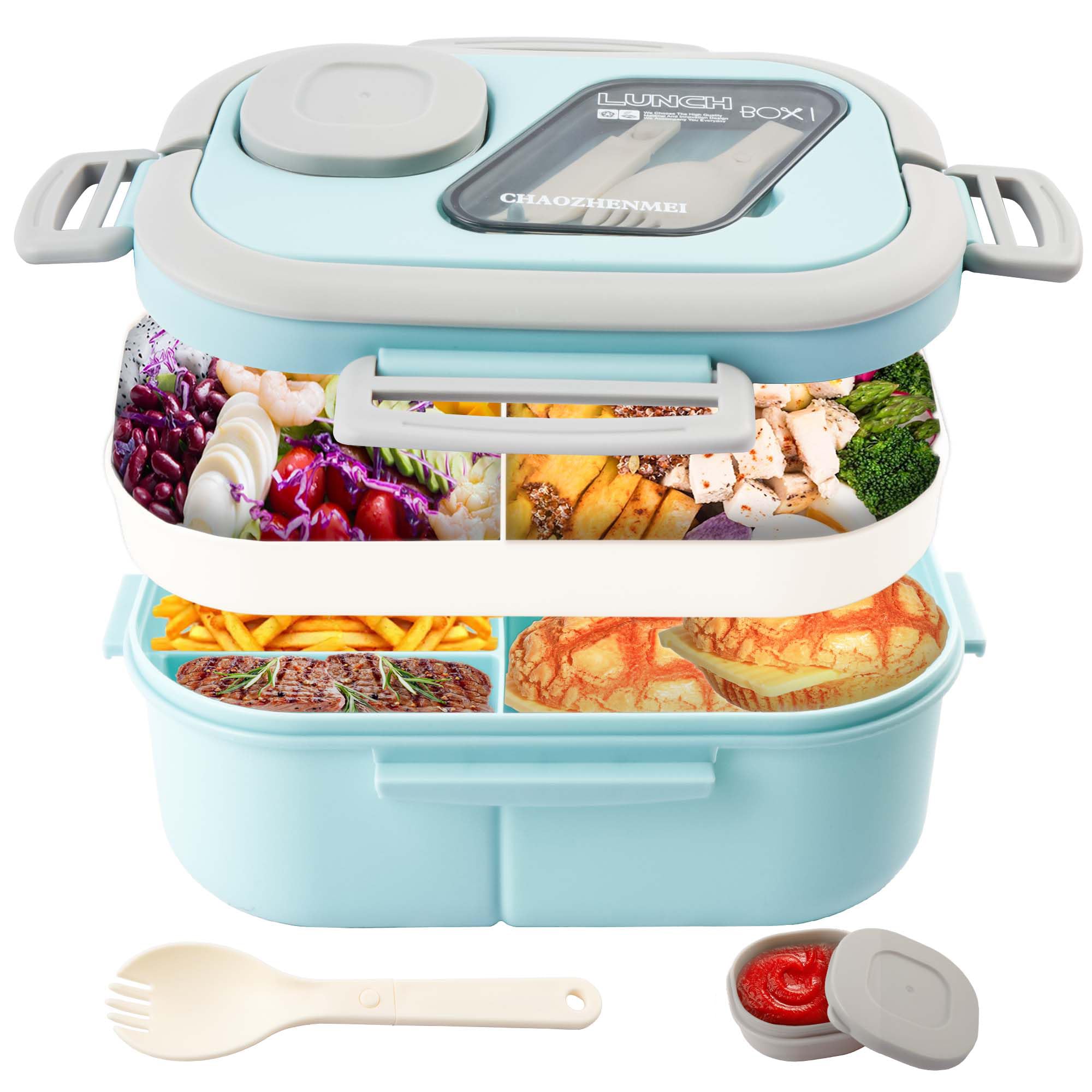 Tinaforld blue adults bento lunch box with built-in fork for work meals