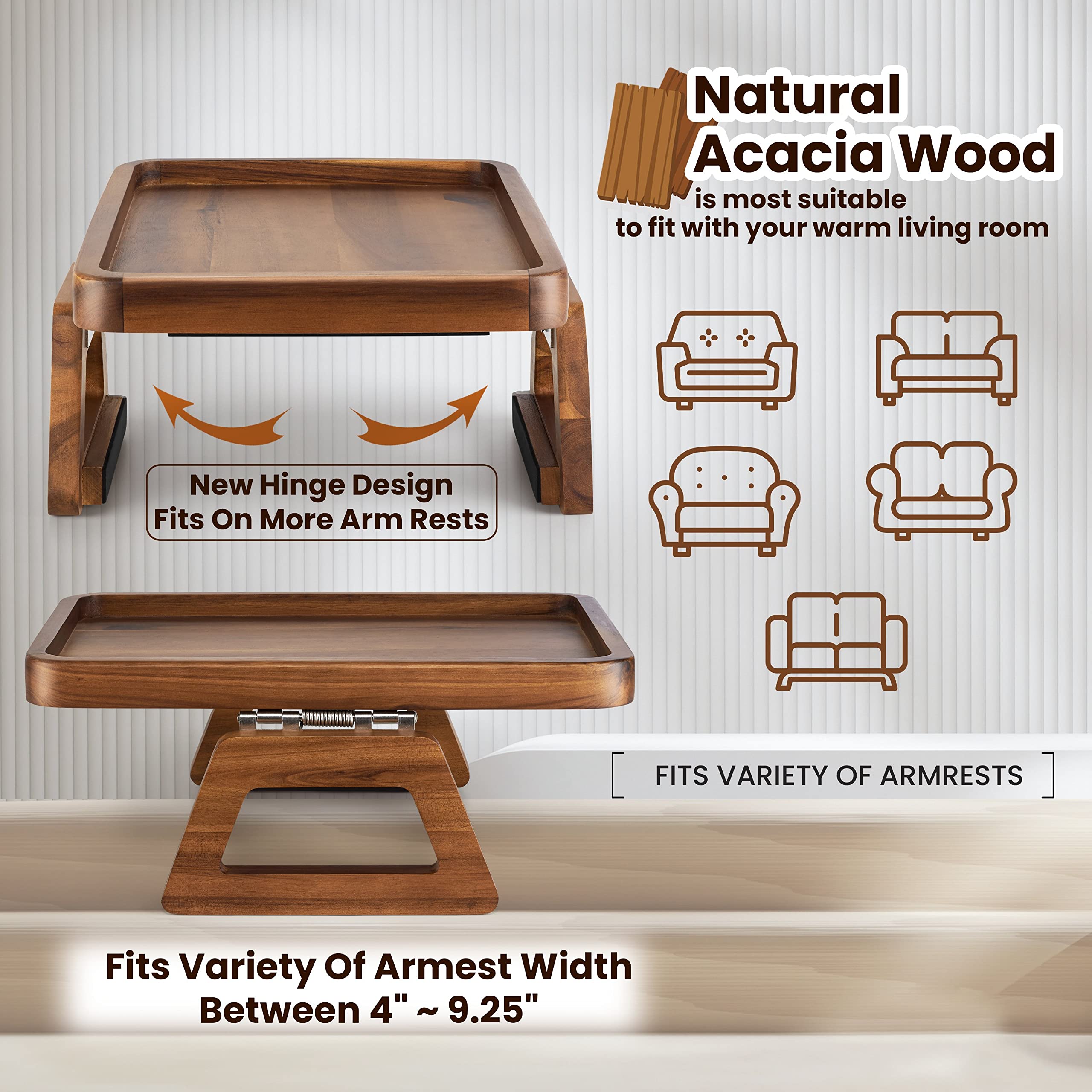 Tinamo acacia armrest tray on sofa in use for remote and phone.