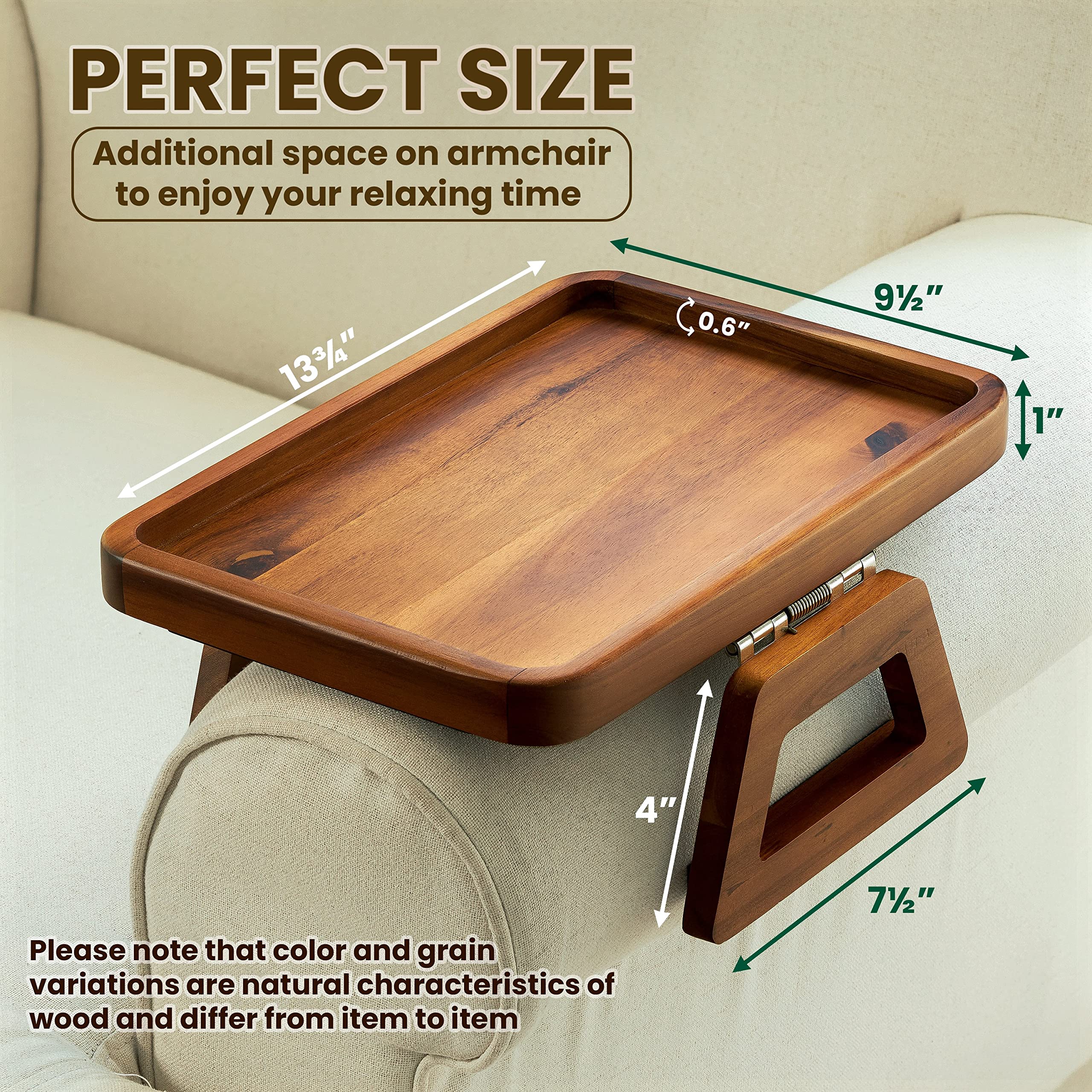 Tinamo acacia armrest tray in foldable mode for serving drinks.