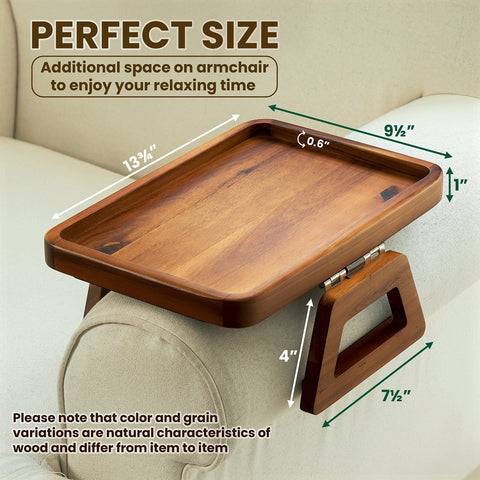 Tinamo acacia armrest tray in foldable mode for serving drinks.