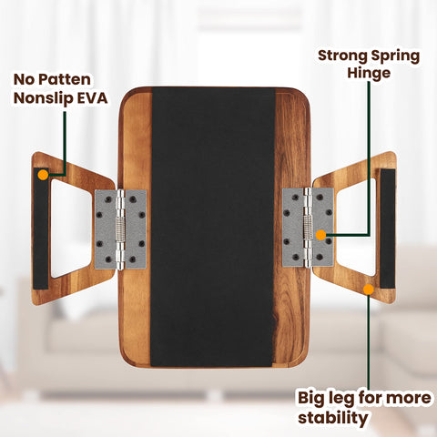 Tinamo acacia clip-on tray on couch arm for compact living spaces.
