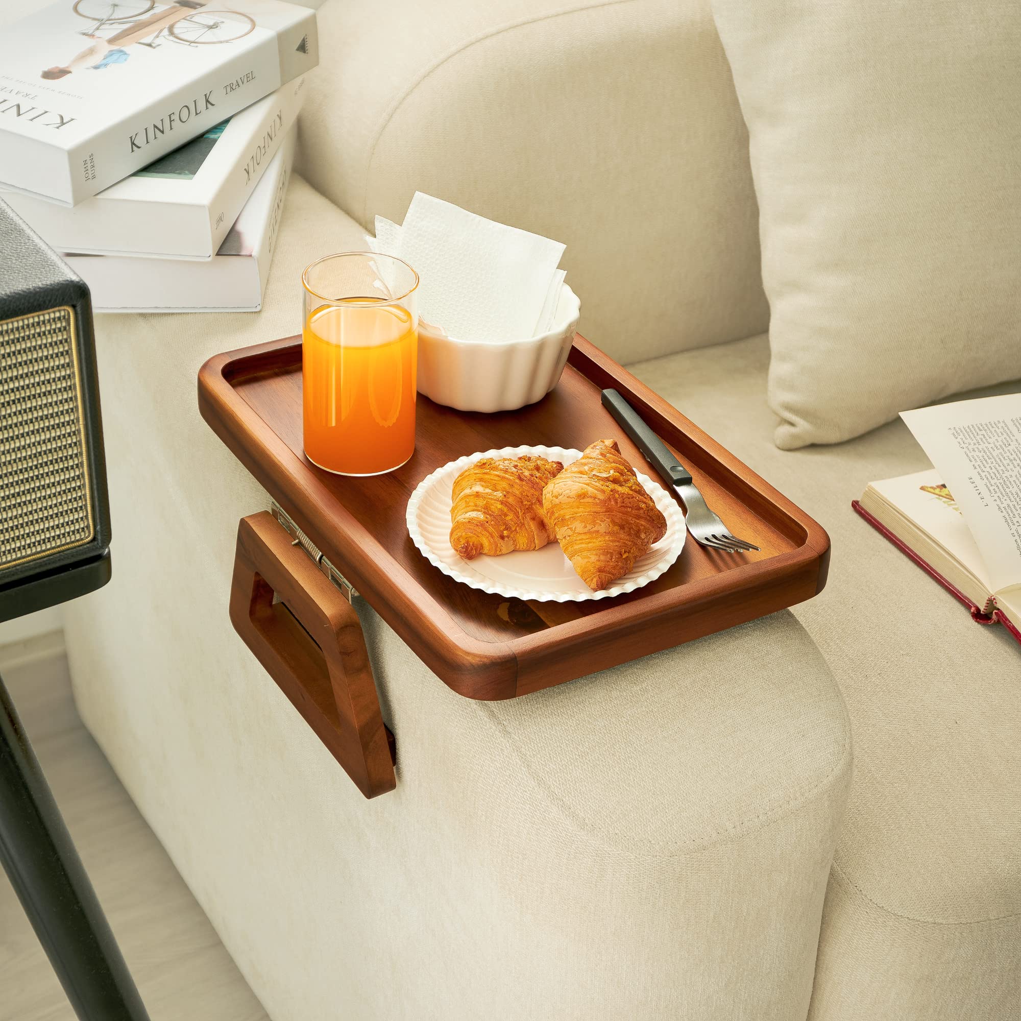 Tinamo acacia foldable legs tray used as decorative display.