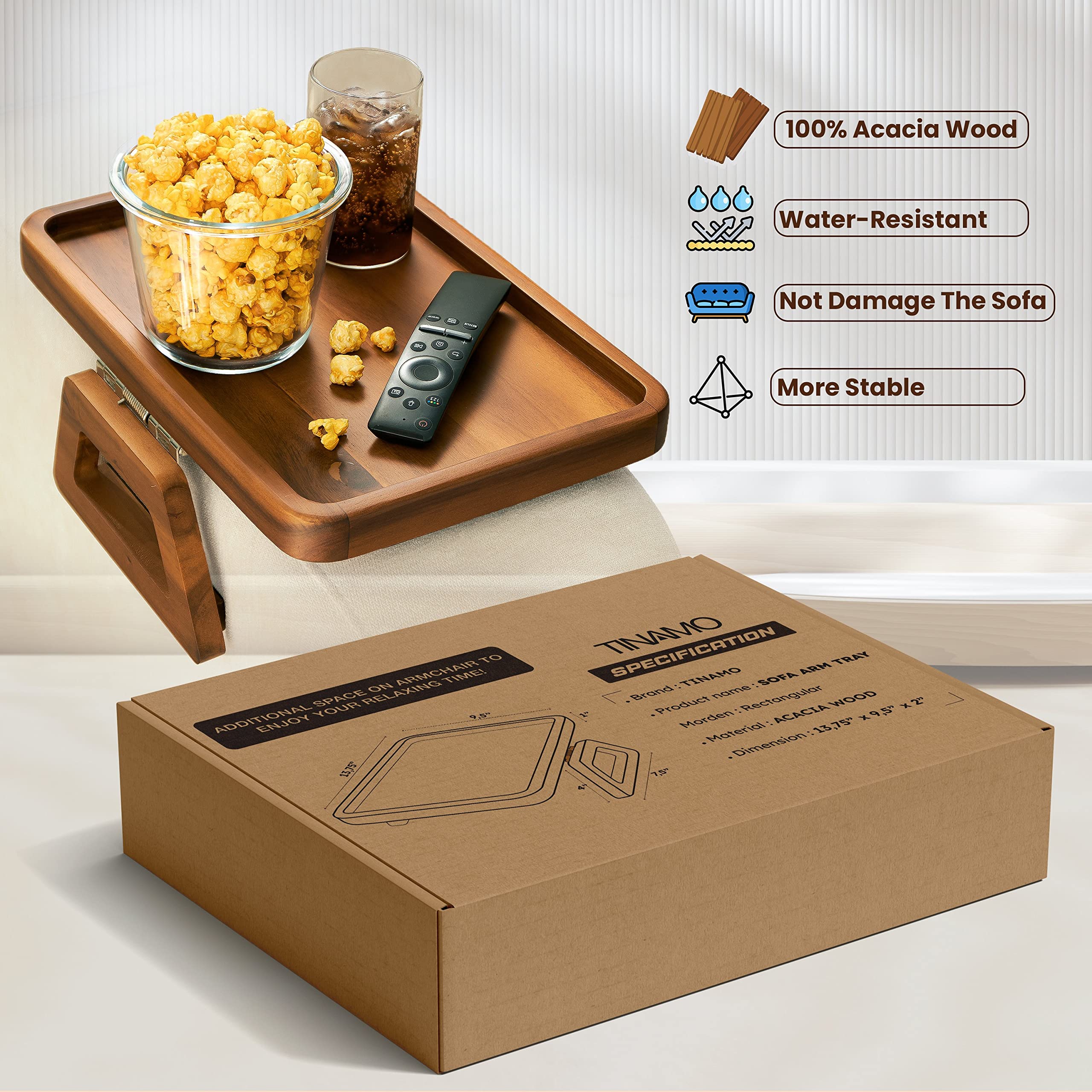 Tinamo acacia arm table protects sofa with soft pad.