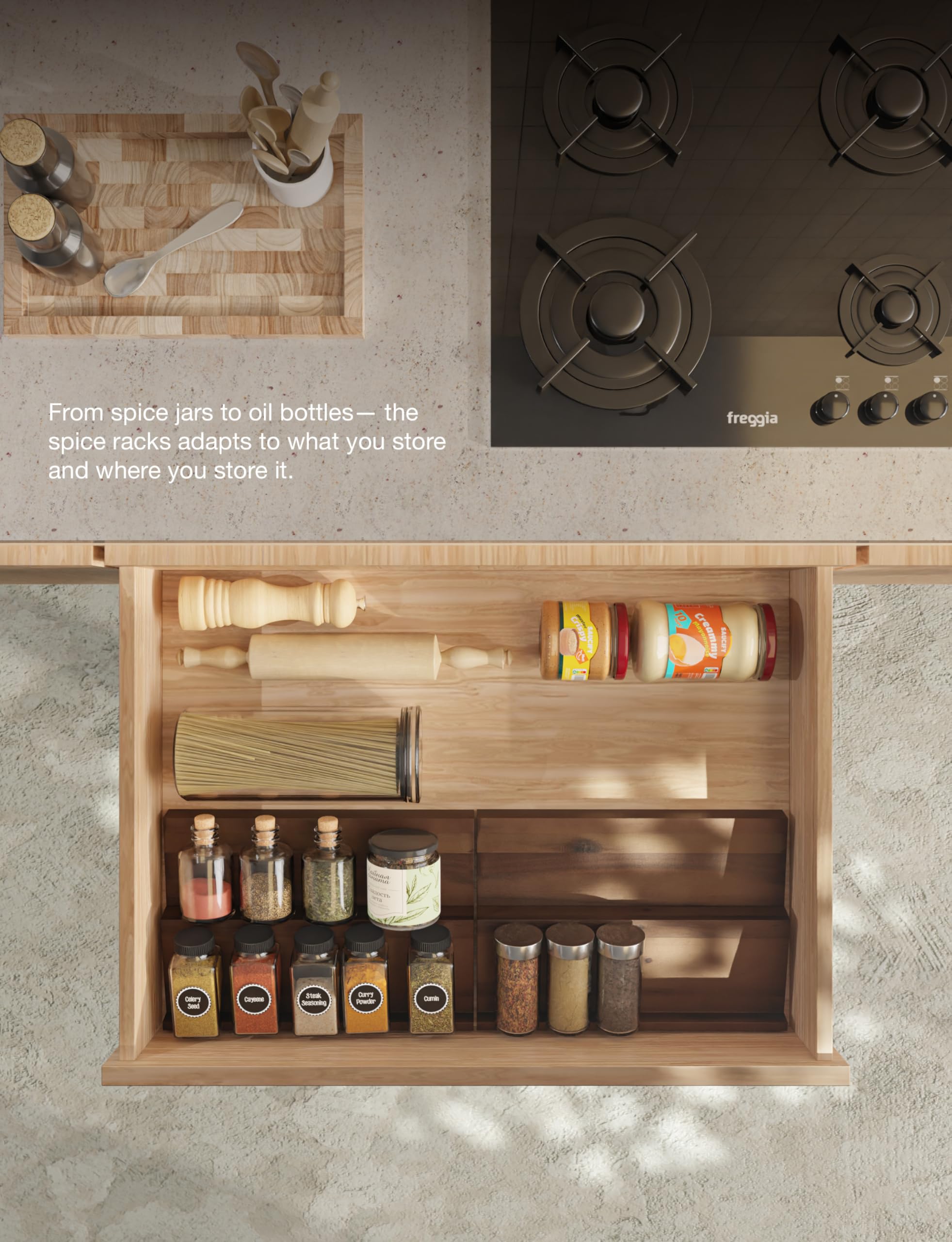 Easy-clean surface of Tinamo Acacia spice rack for quick maintenance.
