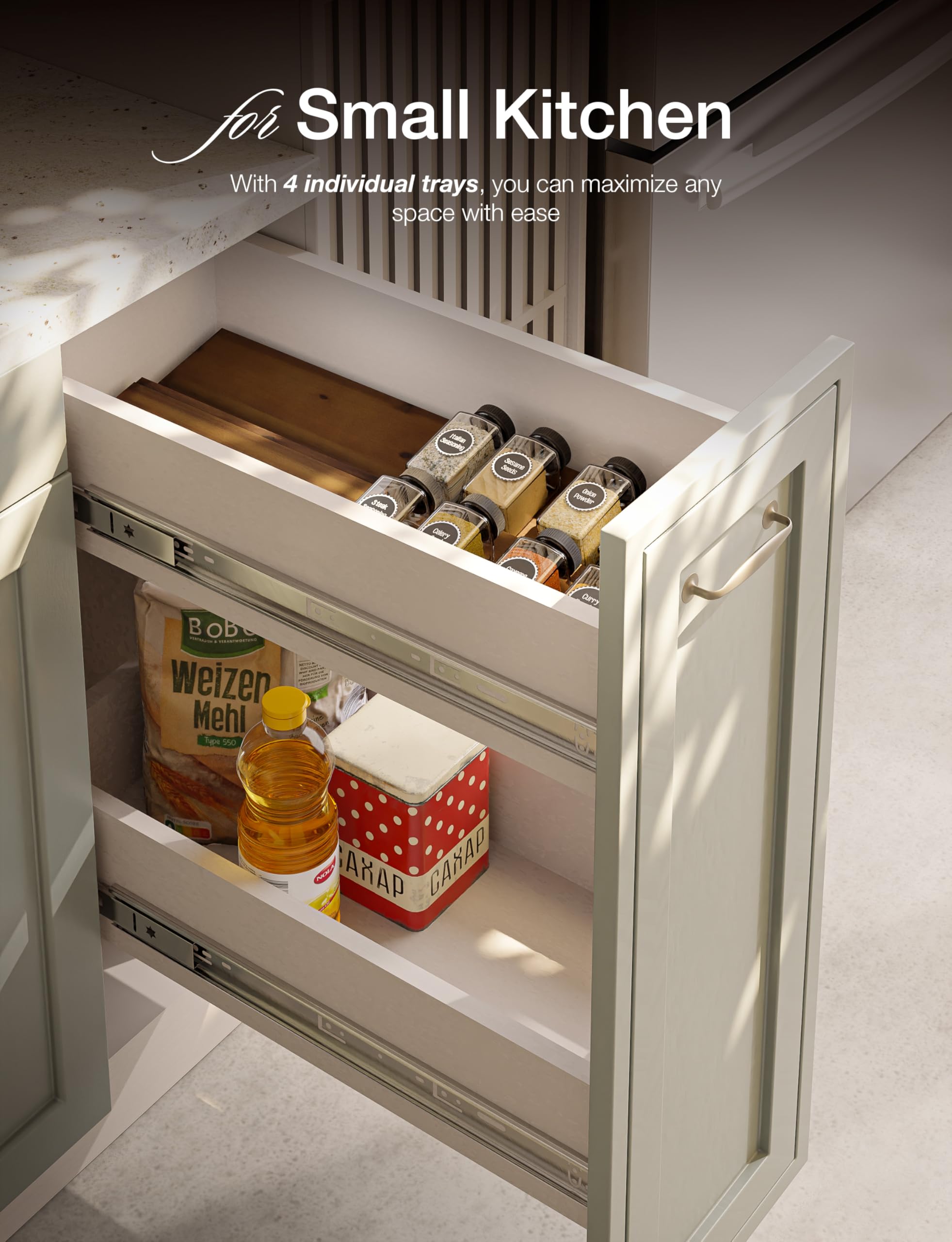 In-drawer setup using Tinamo spice rack to maximize cabinet space.