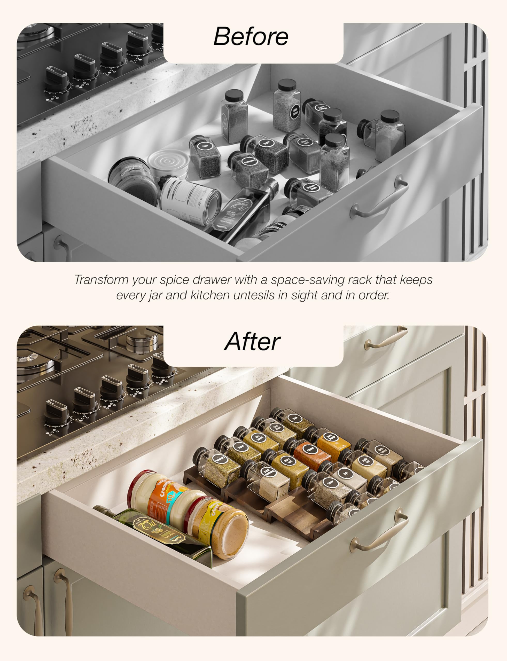 Tinamo Acacia spice rack showcases organized storage with clear label visibility.