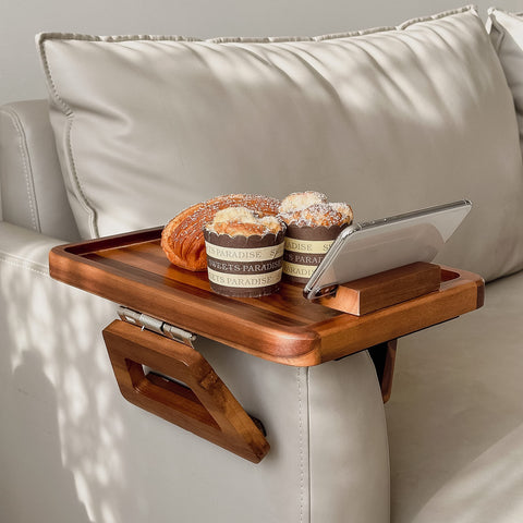 Tinamo Acacia Wood Armrest Tray keeps drinks within arm's reach.