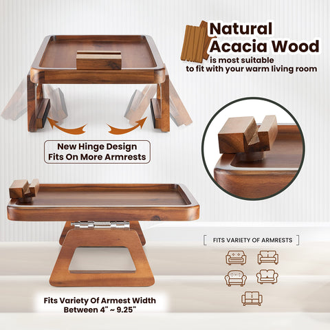 Tinamo Acacia Wood Armrest Tray non-slip pads protect sofa surfaces.