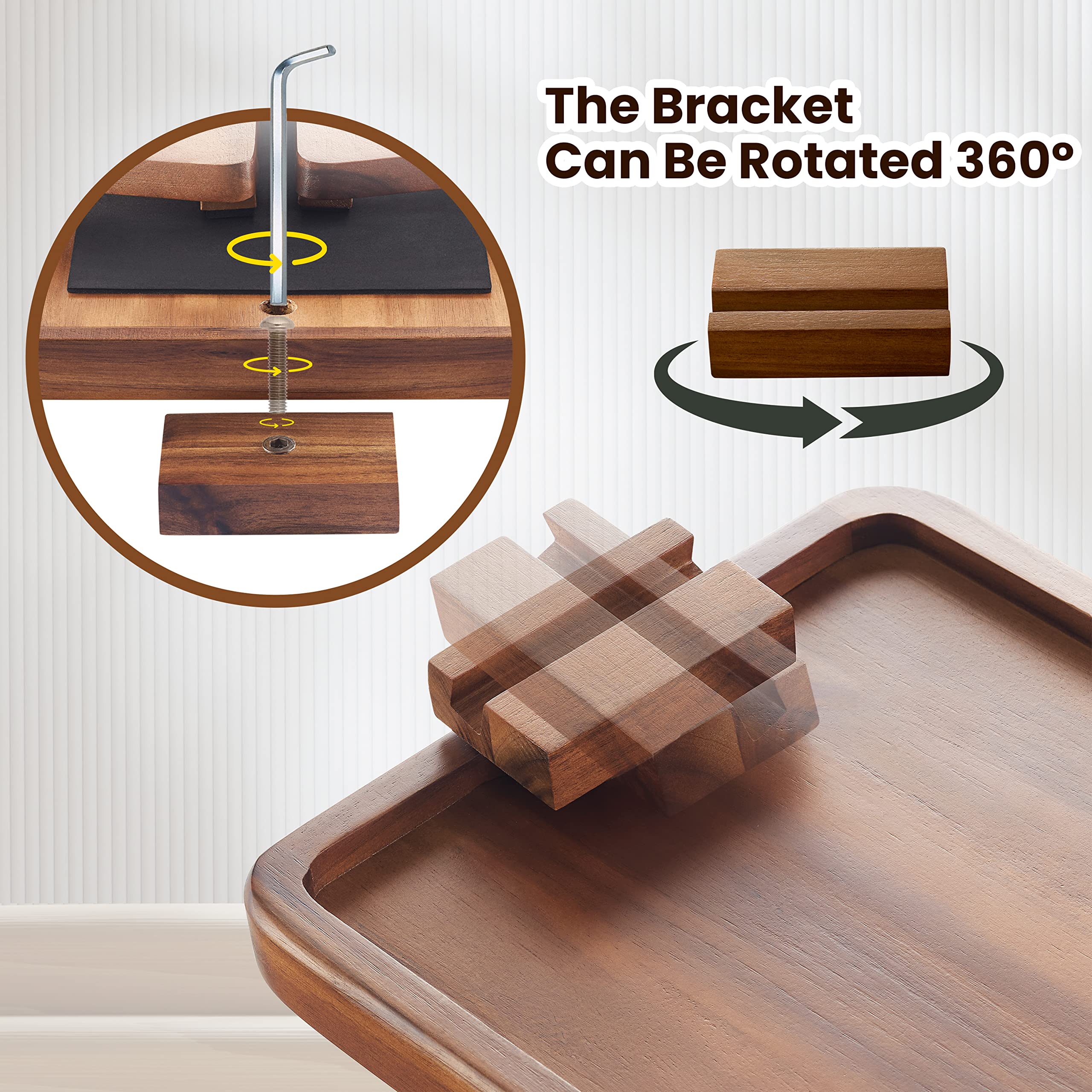 Tinamo Acacia Wood Armrest Tray with detachable phone holder for easy viewing.