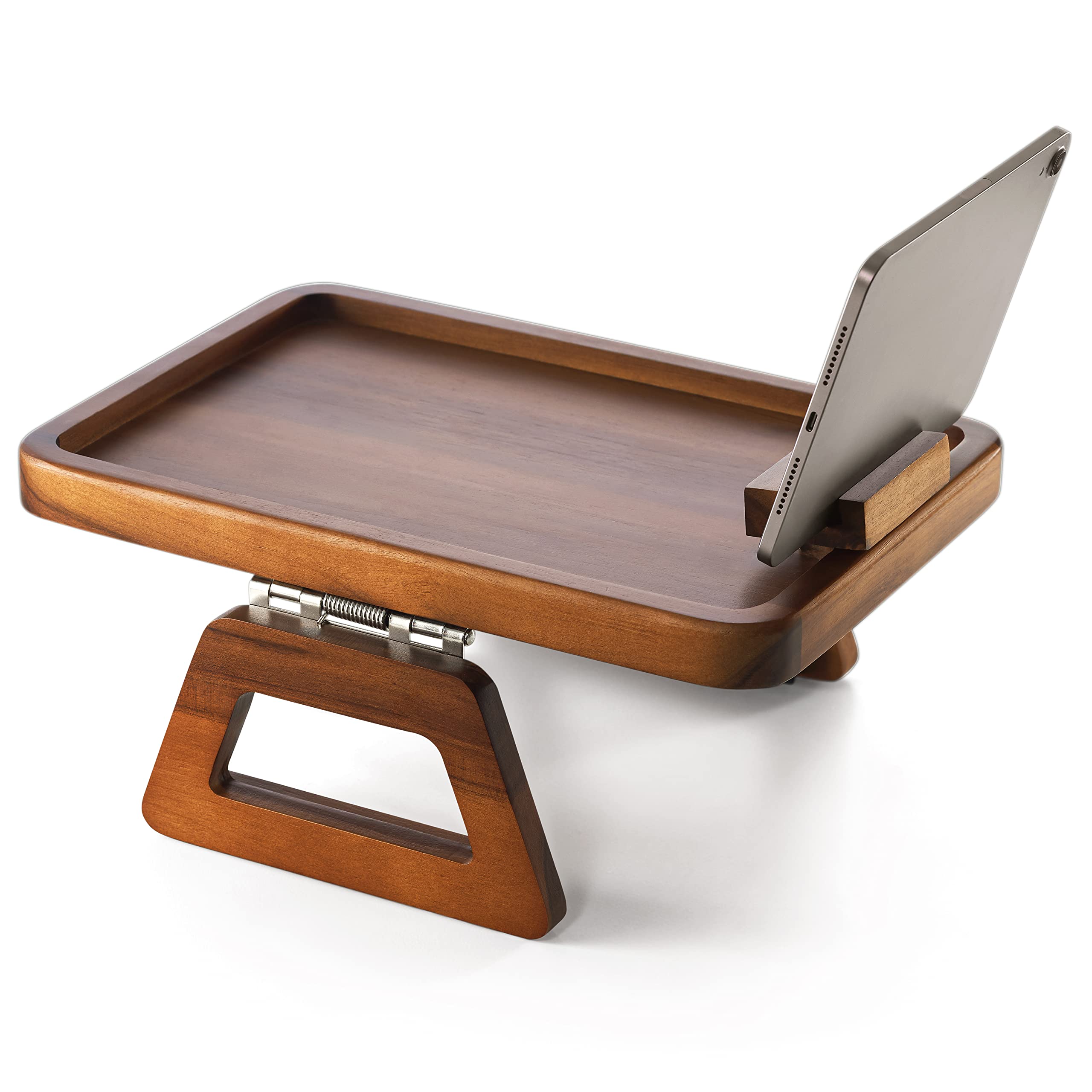 Tinamo Acacia Wood Armrest Tray holds reading material and devices neatly.