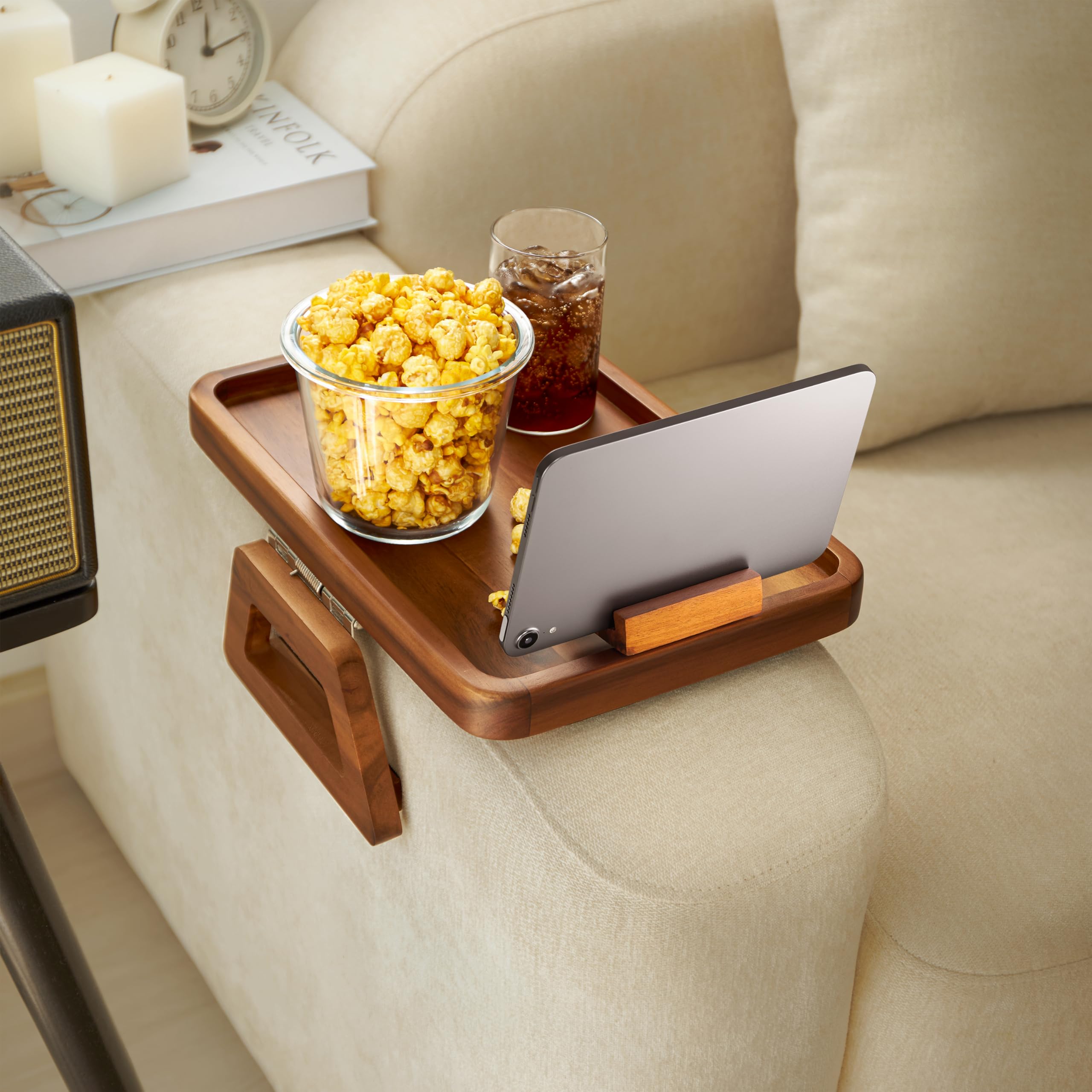 Tinamo Acacia Wood Armrest Tray stylish edges complement modern couches.