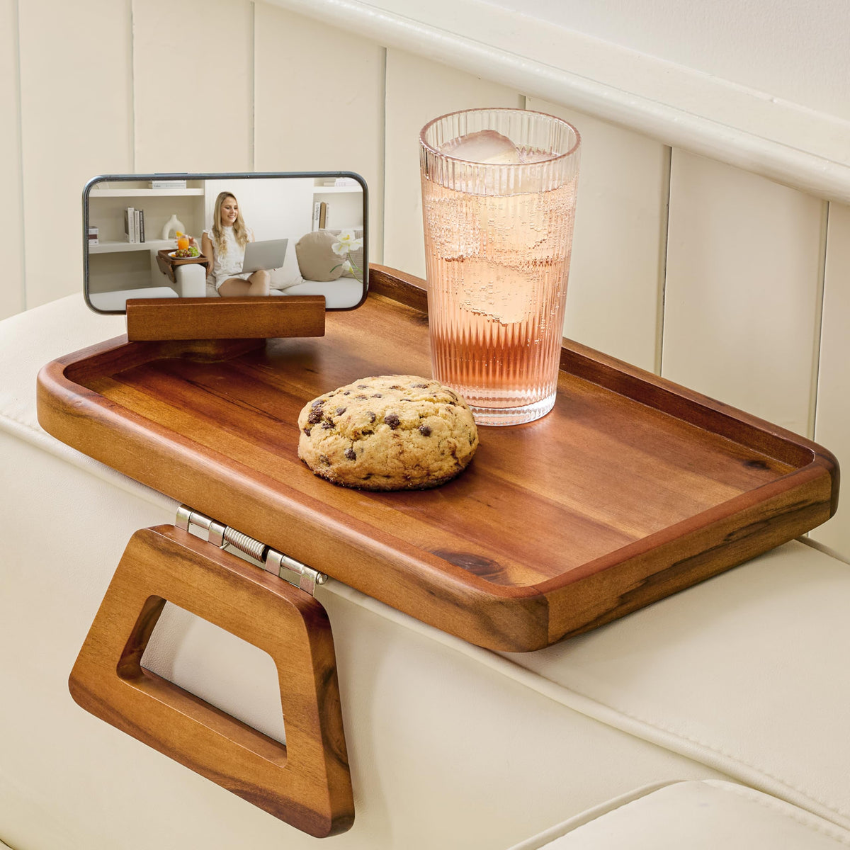 Tinamo Acacia Wood Sofa Armrest Tray closeup highlights sturdy construction and warm grain.