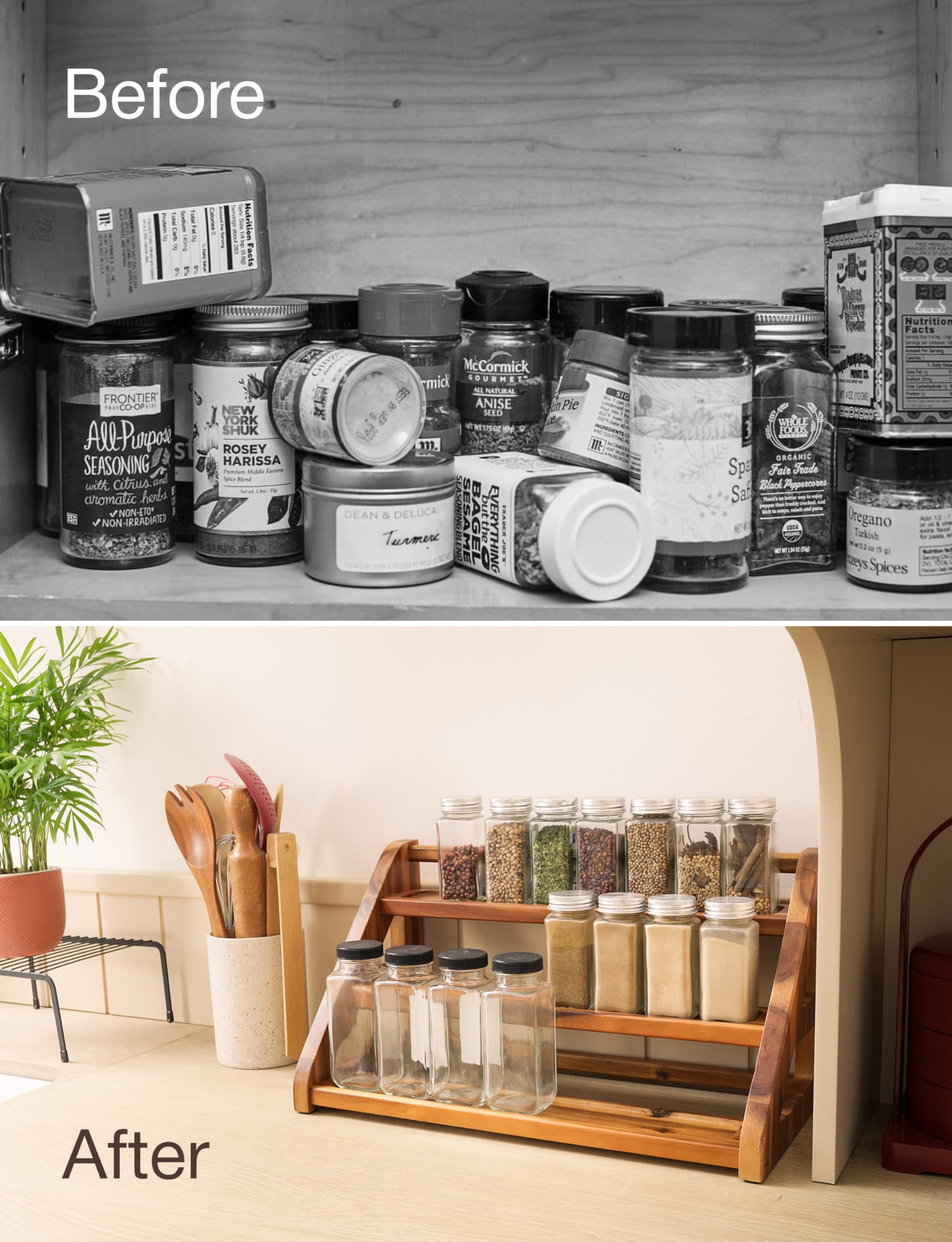 Tinamo Acacia Wood Spice Rack assembled and ready for use on kitchen counter