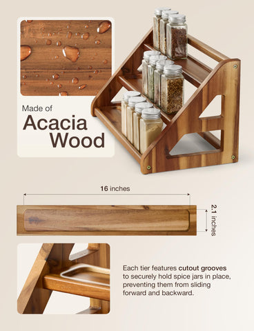 Tinamo Acacia Wood Spice Rack full-jar capacity keeps pantry tidy and organized