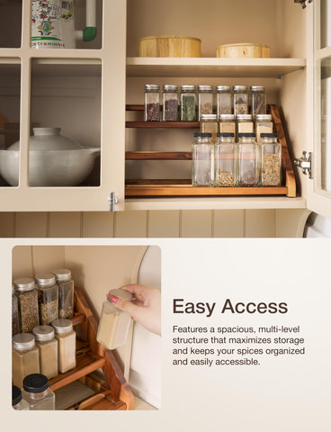 Tinamo Acacia Wood Spice Rack in pantry shows versatile storage for bottles and jars