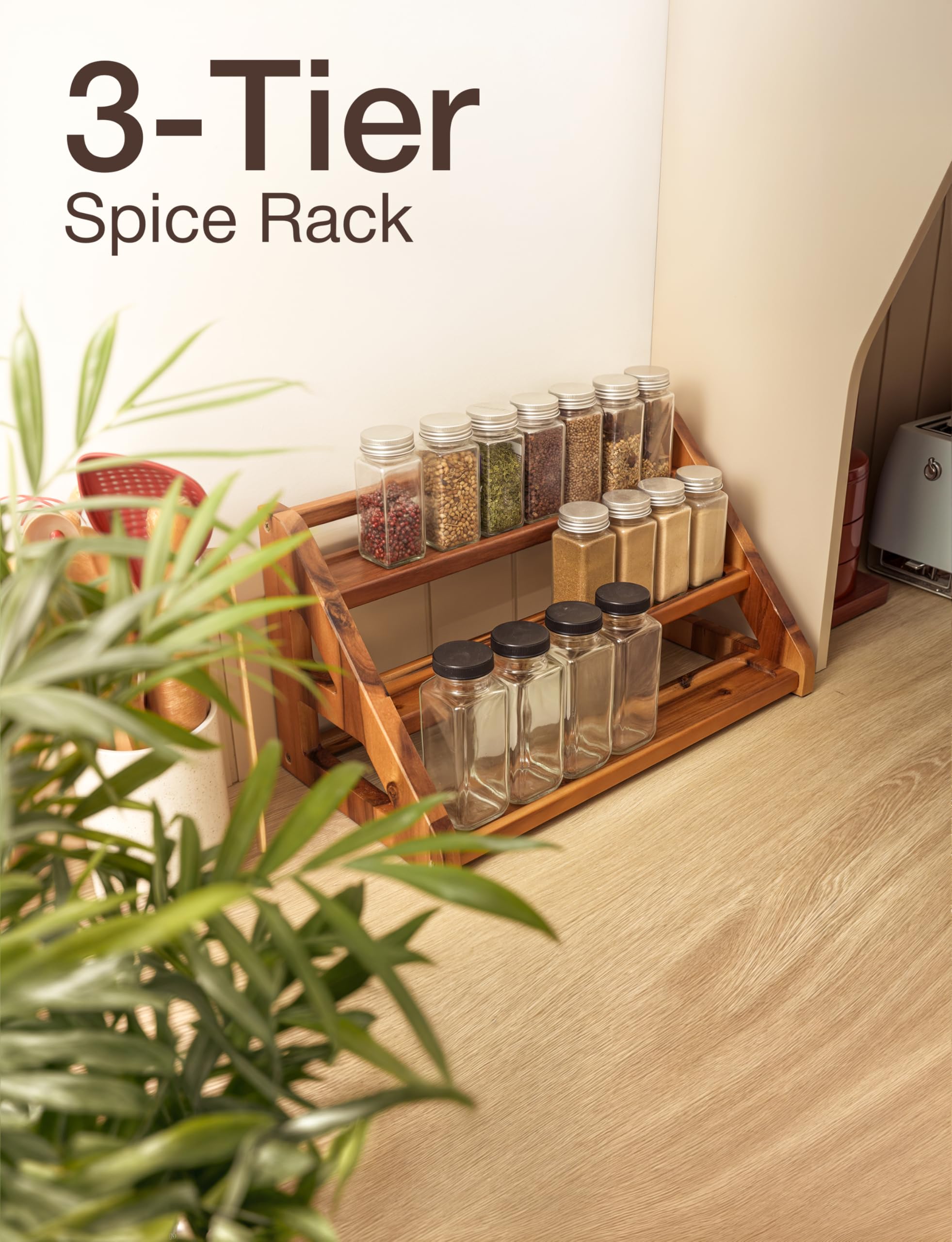 Tinamo Acacia Wood Spice Rack on countertop ensures quick spice access during cooking