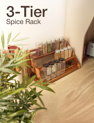 Tinamo Acacia Wood Spice Rack on countertop ensures quick spice access during cooking