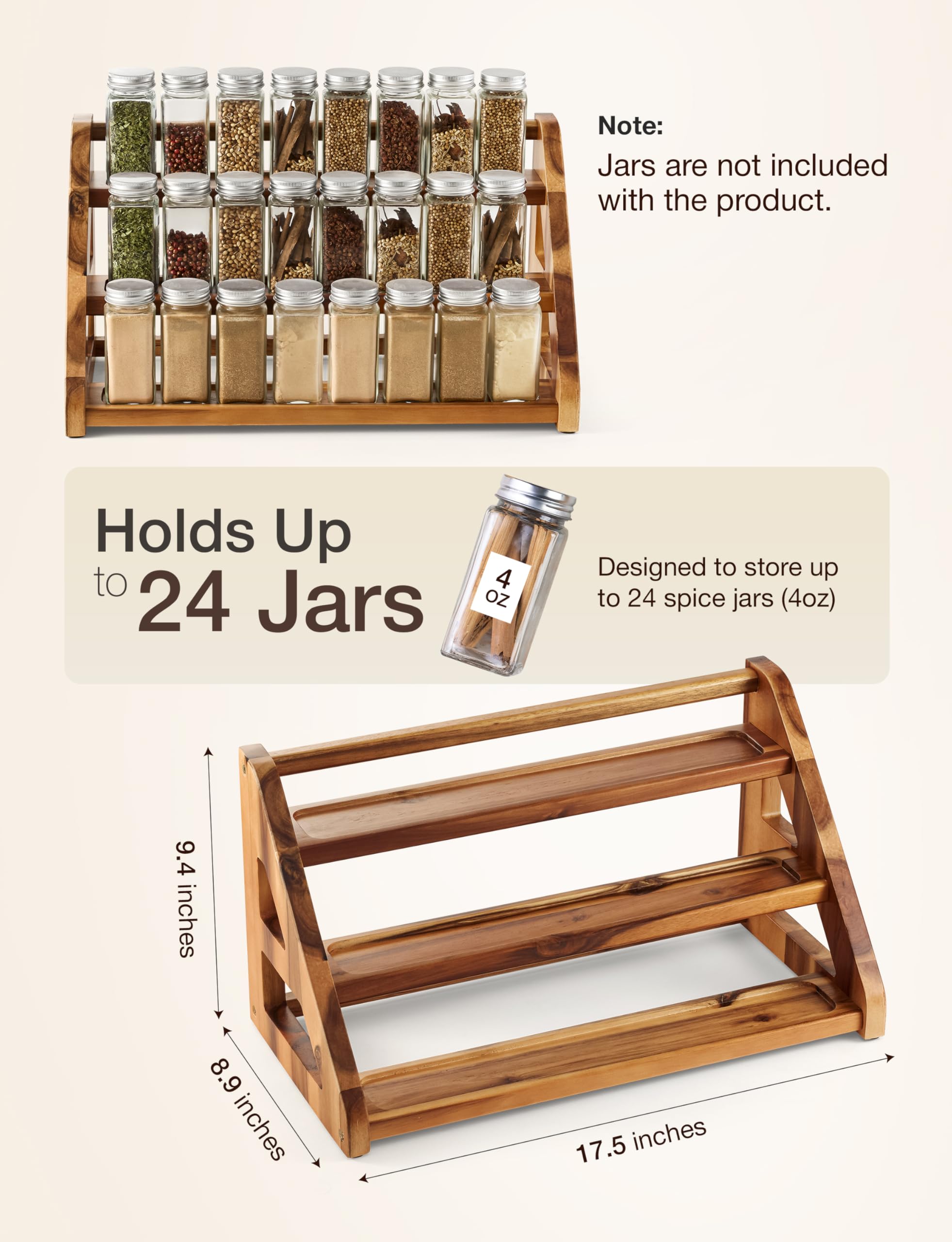 Tinamo Acacia Wood Spice Rack side detail highlights durable construction and elegant finish
