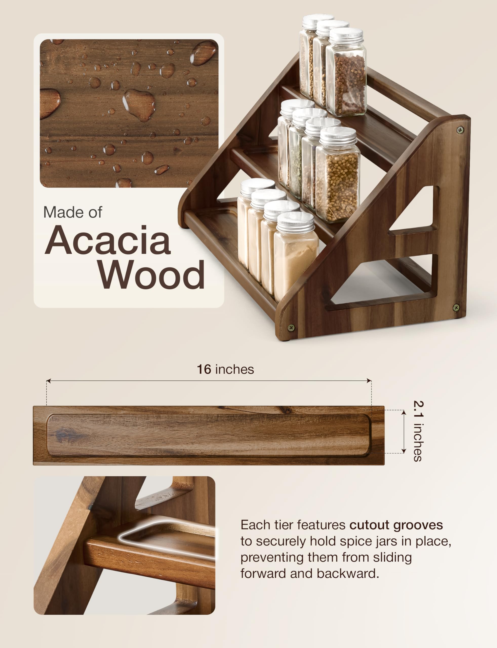 Tinamo acacia wood tray spice shelf design enhances kitchen decor and storage