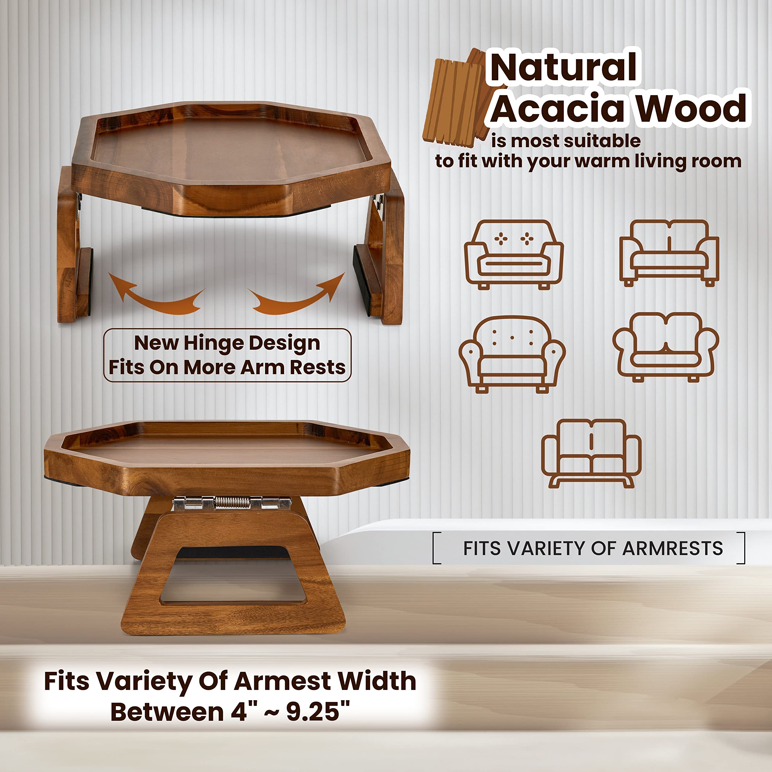 Tinamo octagonal acacia sofa arm tray clipped-on on sofa arm provides stable dining surface.