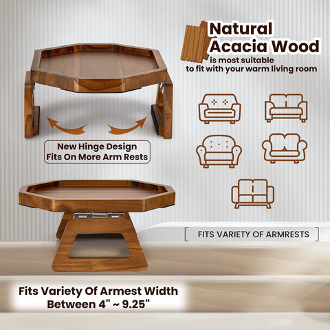Tinamo octagonal acacia sofa arm tray clipped-on on sofa arm provides stable dining surface.