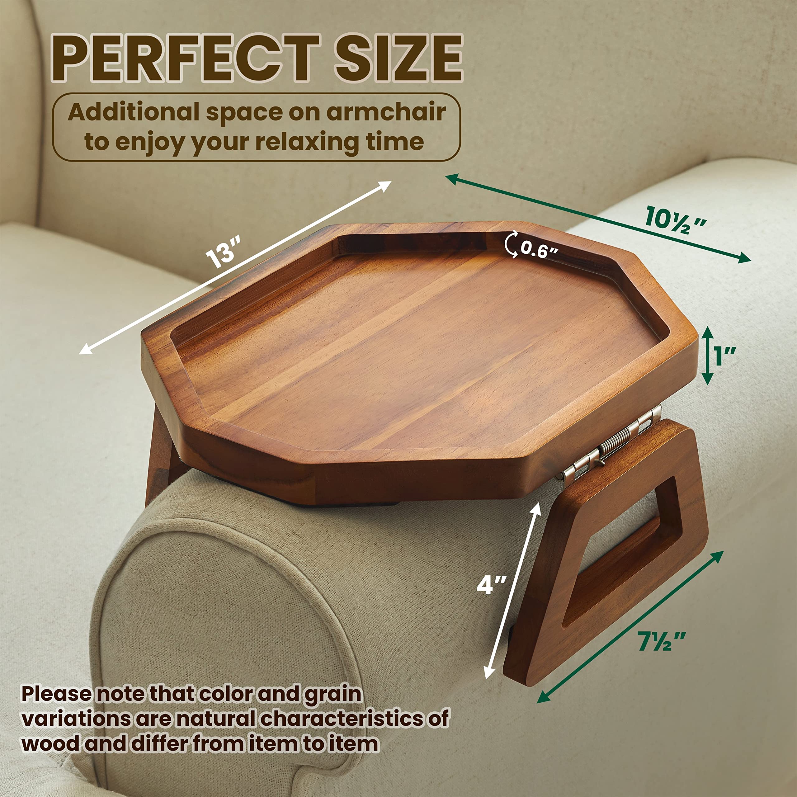 Tinamo octagonal acacia sofa arm tray folded-flat view highlights easy behind-sofa storage.