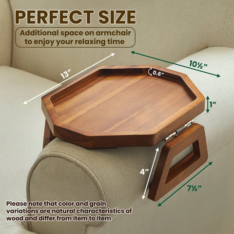 Tinamo octagonal acacia sofa arm tray folded-flat view highlights easy behind-sofa storage.