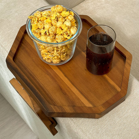 Tinamo octagonal acacia sofa arm tray on couch adds convenient snack surface.