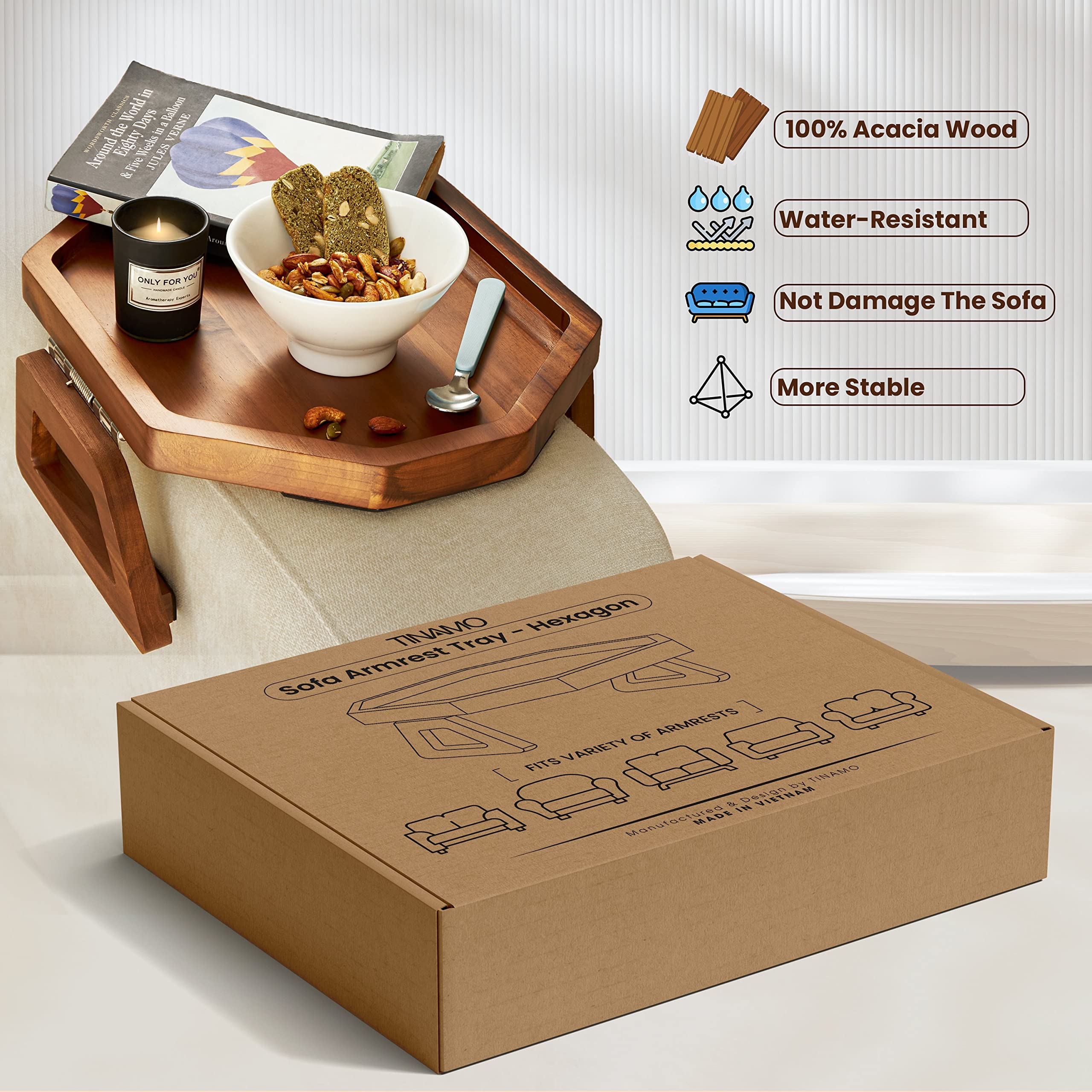 Tinamo octagonal acacia sofa arm tray serving snacks and remotes within reach.